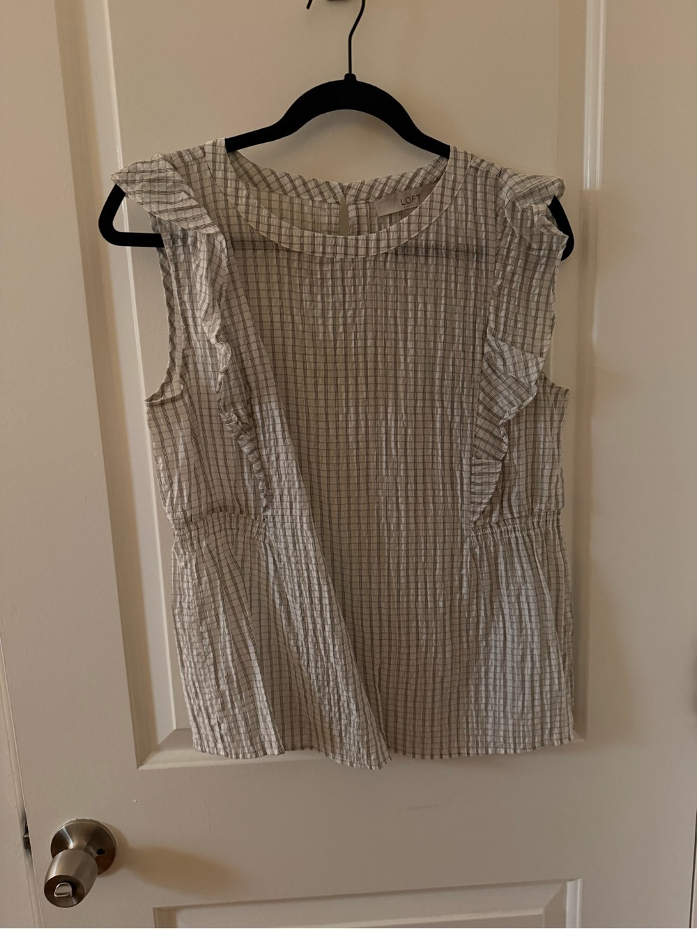 LOFT Gray and White Striped Ruffle Sleeveless Top